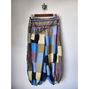 Handsewn blue tan geo harem pants